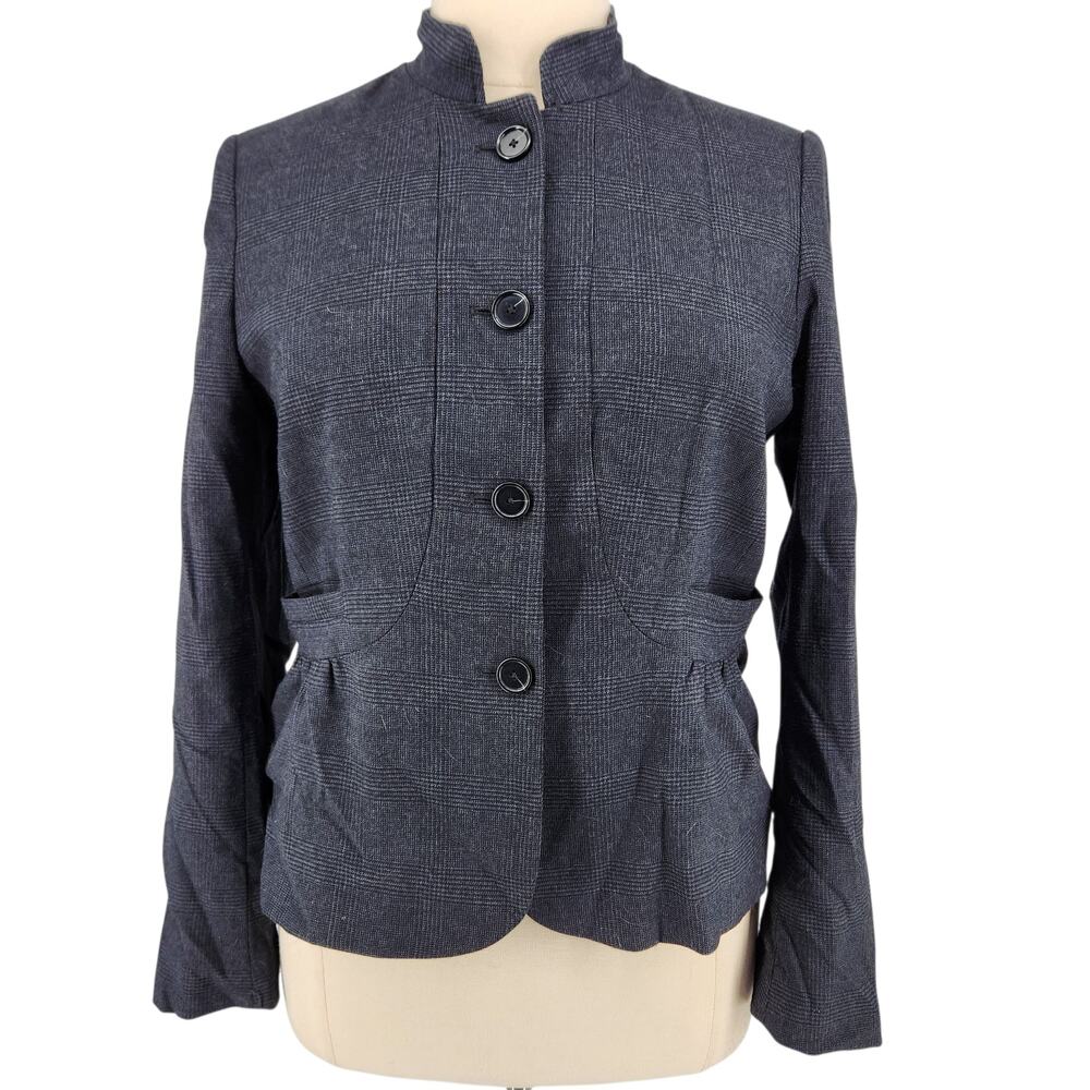 Loft Glen Check Blazer Gray Size 14 Mandarin Collar Peplum Back
